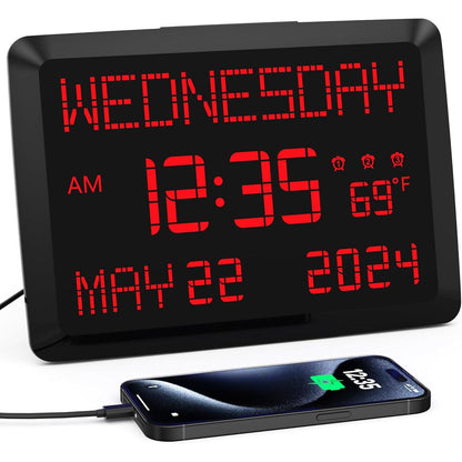 11.5” Digital Wall Clock with Date,Time,Week,Indoor Temperature,3 Alarms,5 Dimmer,2 USB Chargers,Battery Backup,Snooze,12/24H for Elderly,Parents,Impaired Vision,Dementia,Memory Loss,Office,Bedroom