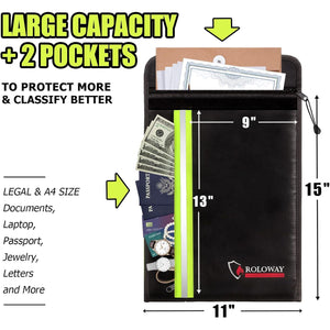 ROLOWAY Fireproof Envelope for Cash, Legal Documents Safe (15 x 11 inch) with 2 Pockets & Waterproof Zipper, Black