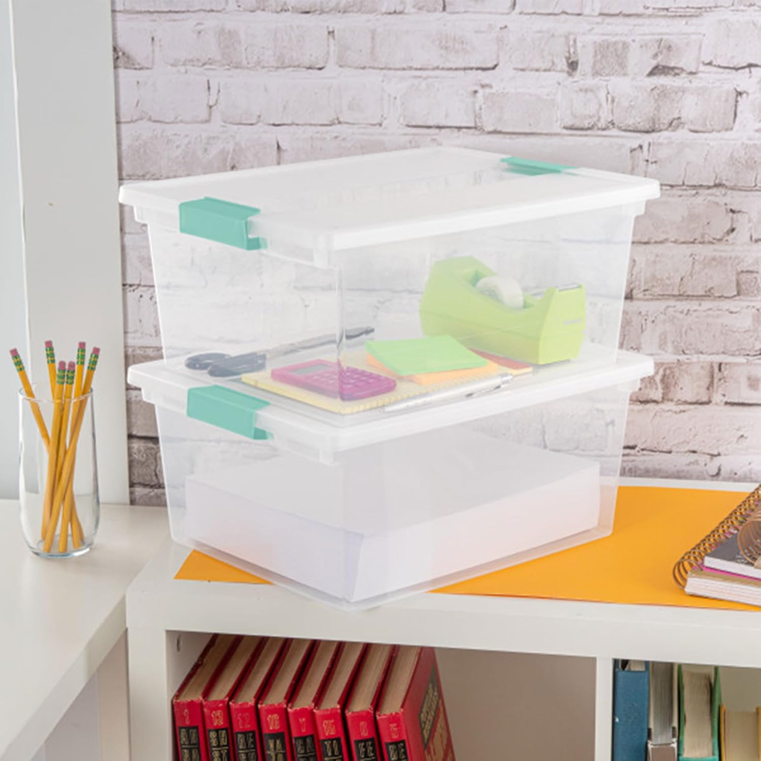 Buy now Sterilite 4-Pack Clip Box, Stackable Clear Plastic Bins with Latching Lids, Deep - Writing, Arts or Crafts Supplies Storage Containers for Home, Office, Classroom and Workshop Organization at indiglob india