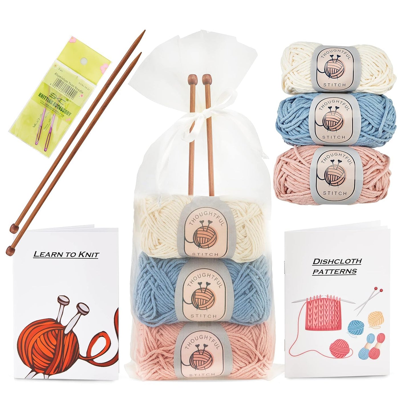 Buy now Thoughtful Stitch Knitting Kit for Beginners Adults & Kid Friendly- Complete Knitting Kit - Learn to Knit Yarn Set with Tutorial Book for Adult Hobbies - 100% Cotton Wool & Bamboo Knitting Needle at indiglob india