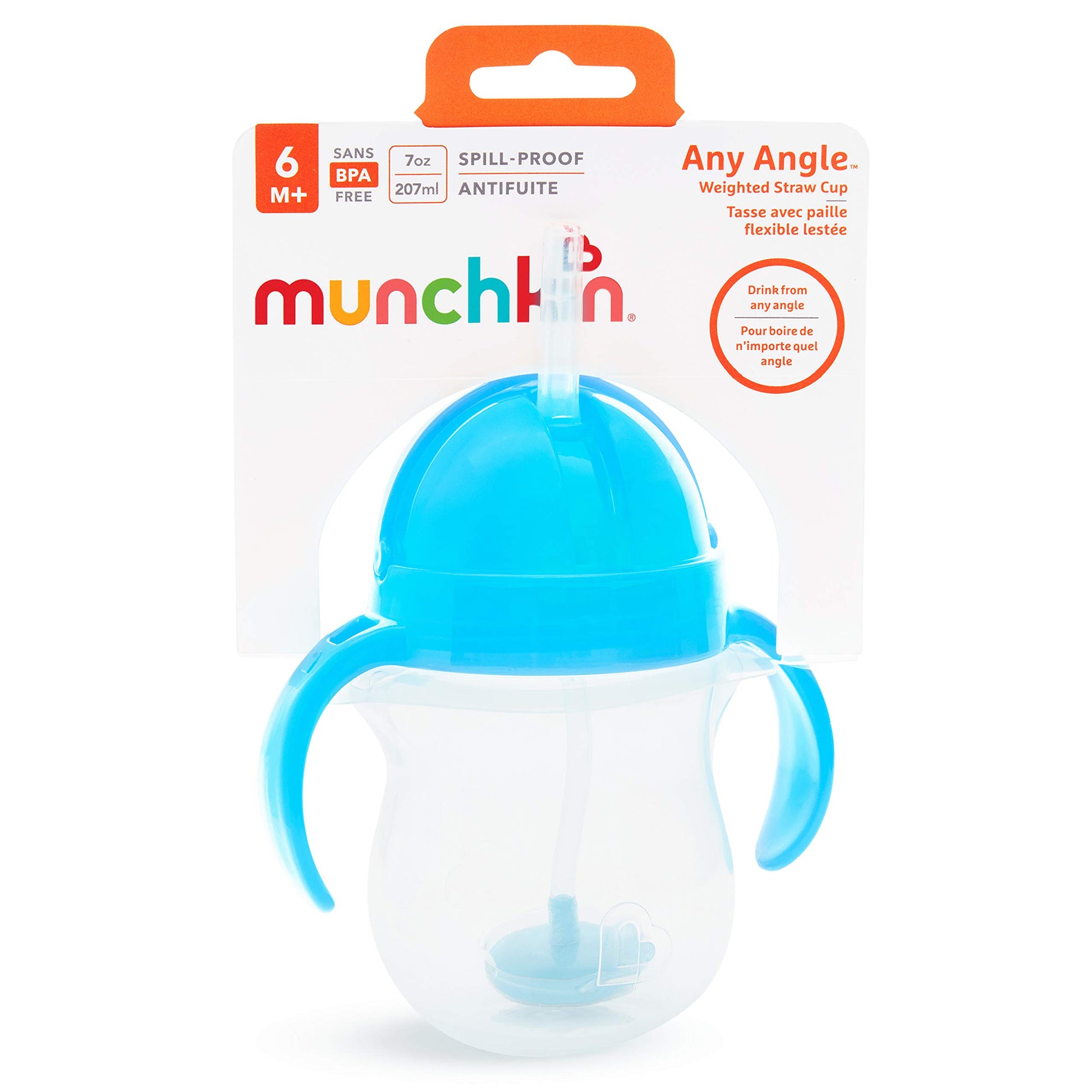 Buy now Munchkin Any Angle Sippy Cup for Toddlers, Spill Proof Weighted Straw Cup with Transition Handles for Babies 6 Months and Up, 7 Ounce, Blue at indiglob india