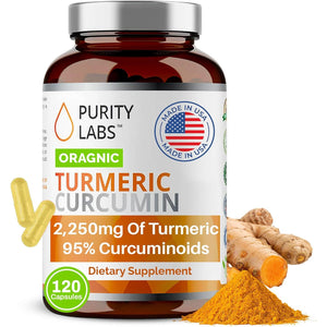 Purity Labs Organic Turmeric Curcumin Supplement with Piperine 2,250 MG/Serving | 95% Curcuminoids Turmeric Supplements, Antioxidant Joint Pain Relief, Muscle & Brain Support | Non-GMO - 120 Capsules