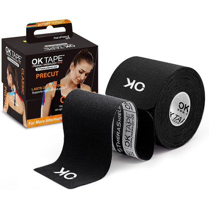OK TAPE Kinesiology Tape 10 inches Precut, 20 Strips, Cotton Elastic Athletic Tape Latex Free, 2in x 16ft, Black