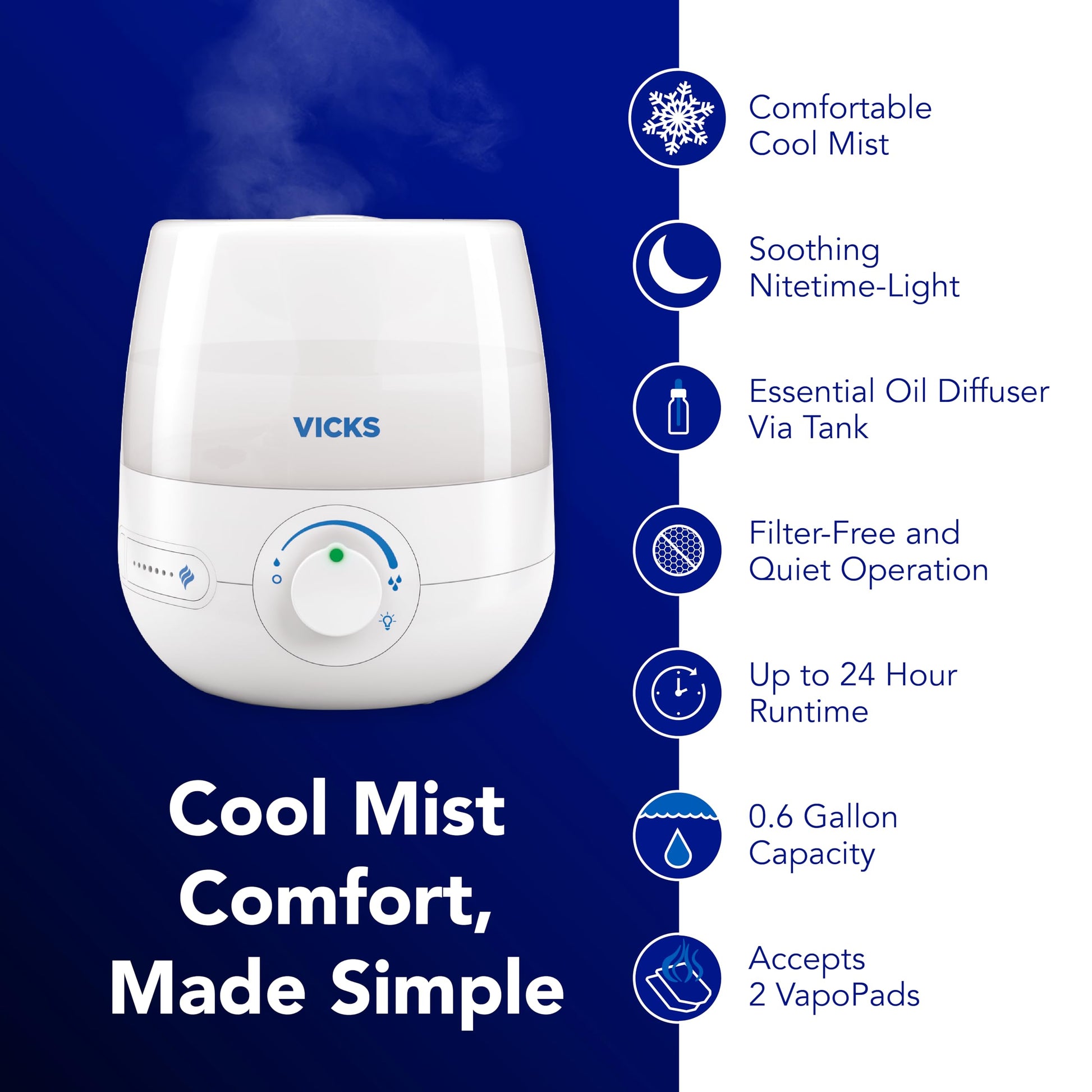 Buy now Vicks NaturalCare Cool Mist Ultrasonic Humidifier (VUL530), White, Small Room – Humidifier and Diffuser with Nighttime Light, Works with Vicks VapoPads at indiglob india
