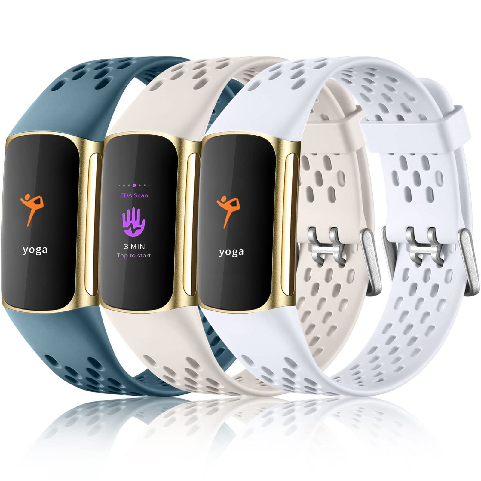 Buy now Maledan Compatible with Fitbit Charge 5/ Fitbit Charge 6 Bands Women Men, Breathable Sport Band Soft Waterproof Replacement Wristbands Strap for Fitbit Charge 5/ Charge 6 Advanced Fitness Tracker Lunar White White Steel Blue at indiglob india