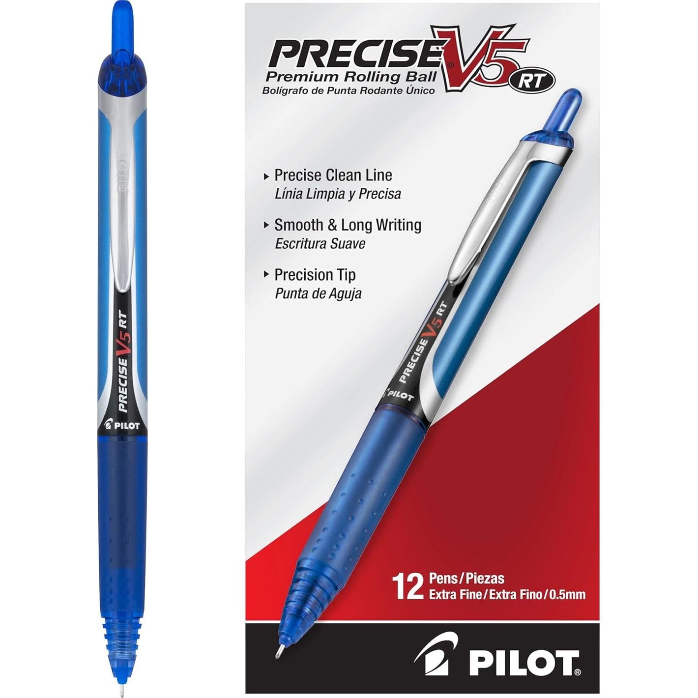 Pilot, Precise V5 RT Refillable & Retractable Rolling Ball Pens, Extra Fine Point 0.5 mm, Blue, Pack of 12