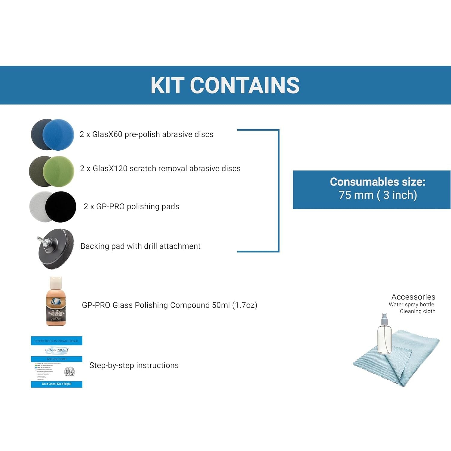 Buy now Glass Polish (3'') Glass Scratch Removal Kit for use with a Drill on All Glass Surfaces - GP28003 at indiglob india