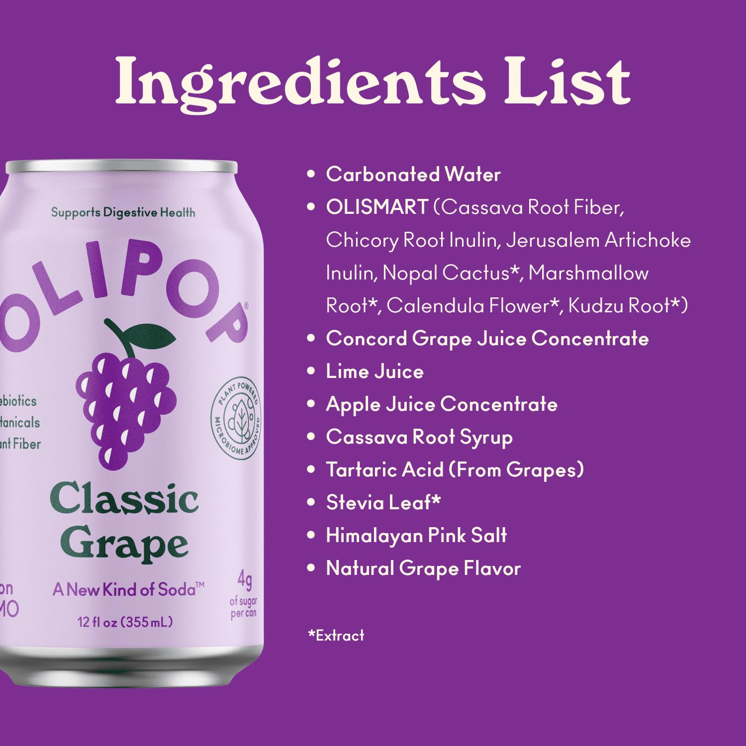 Buy now OLIPOP - Classic Grape Sparkling Tonic, Healthy Soda, Prebiotic Soft Drink, Aids Digestive Health & Immune Health, High in Plant Fiber, Caffeine Free, Low Calorie, Low Sugar 12 oz at indiglob india