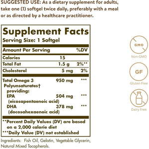 Solgar Triple Strength Omega 3 950 mg - 50 Softgels - Supports Joint & Skin Health - Non-GMO, Gluten Free, Dairy Free - 50 Servings