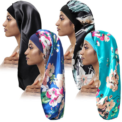 Long Satin Bonnet Sleep Cap,Black Extra Large Silk Bonnet for Natural Hair, Bonnets for Women Night Sleep,Wide Elastic Band, Very Soft & Comfortable (Black)