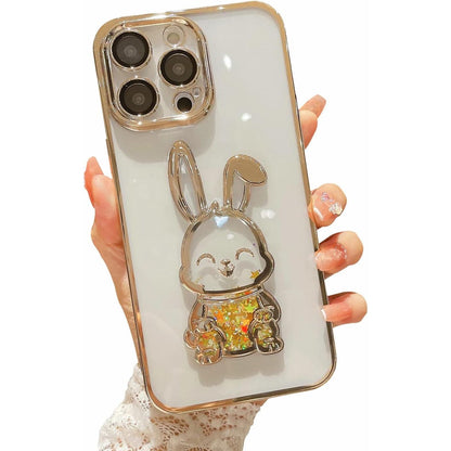 Compatible with iPhone 15 Pro Max Phone Case with Camera Lens Protector for Women Girls Luxury Electroplated Clear Glitter Quicksand Cute Cover for 15 ProMax (Rabbit Pink)