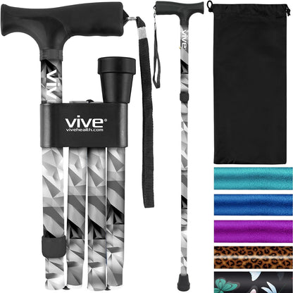 Vive Folding Cane - Foldable Walking Cane for Men, Women - Fold-up, Collapsible, Lightweight, Adjustable, Portable Hand Walking Stick - Balancing Mobility Aid - Comfortable Ergonomic Handle