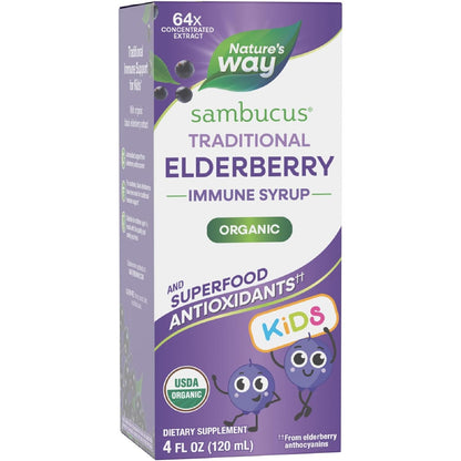 Nature's Way Sambucus Elderberry Traditional Immune Syrup for Ages 1+, Traditional Immune Support*, Antioxidant Support*, Black Elderberry Extract, USDA Certified Organic, 4 Fl Oz