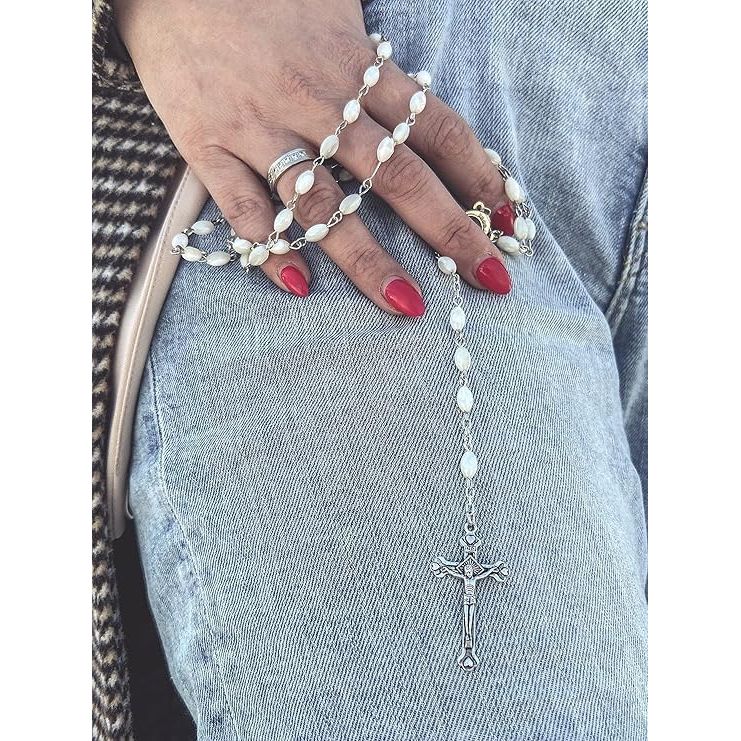 Buy now Nazareth Store Natural Pearl Rosary Beads Catholic Necklace Jerusalem Holy Soil Meda and Silverl Cross at indiglob india