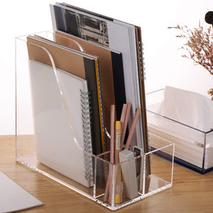 Buy now SANRUI Acrylic File Organizer with Pencil Holder Multi-Functional Clear Desk Accessories Organizer with 2 Slot Magazine Book Sorter Holder , 3 Compartments at indiglob india