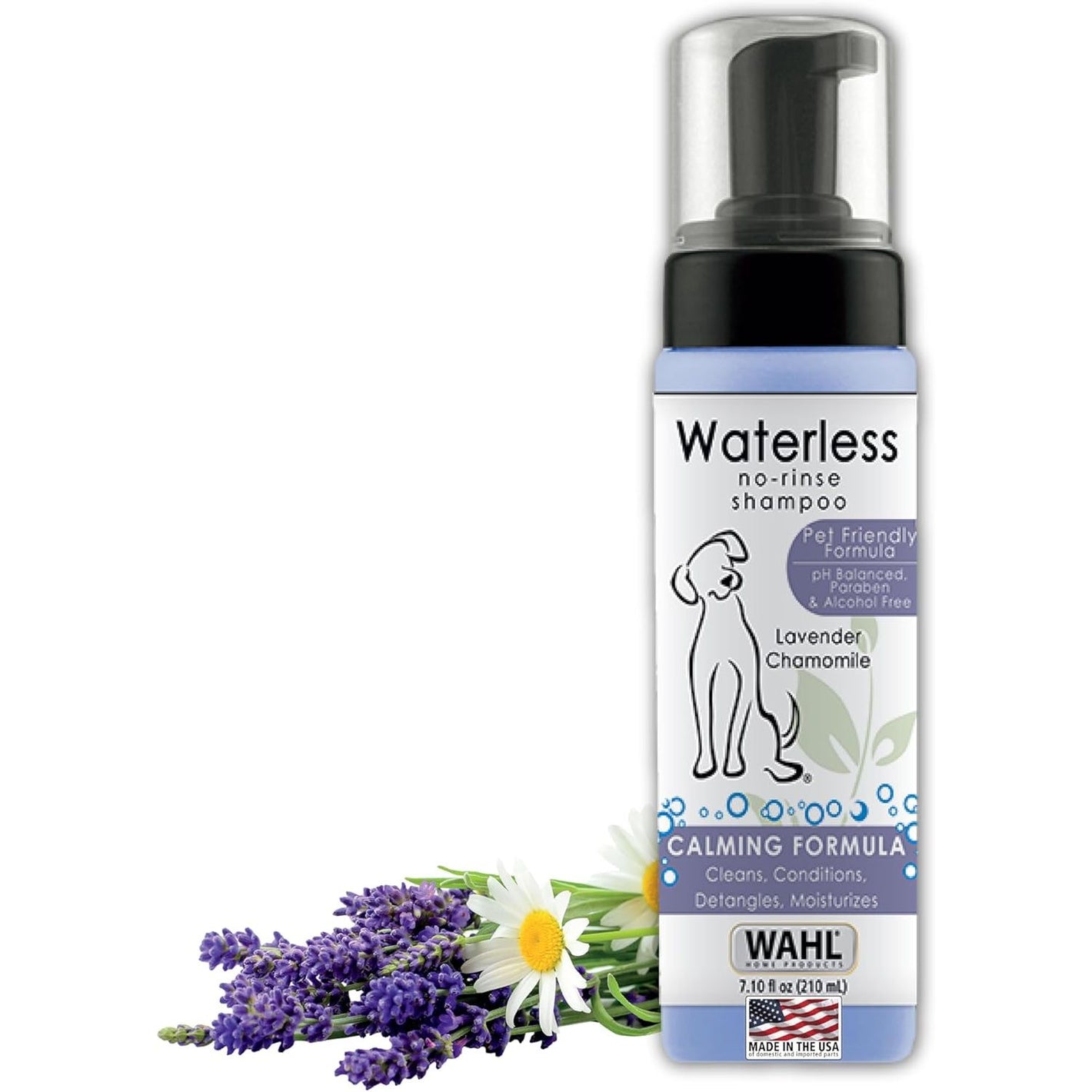 Wahl USA Pet Friendly Waterless No Rinse Shampoo for Animals – Lavender & Chamomile Scented - Cleaning, Conditioning, Detangling, & Moisturizing Shampoo for Dogs – 7.1 Oz - Model 820014A