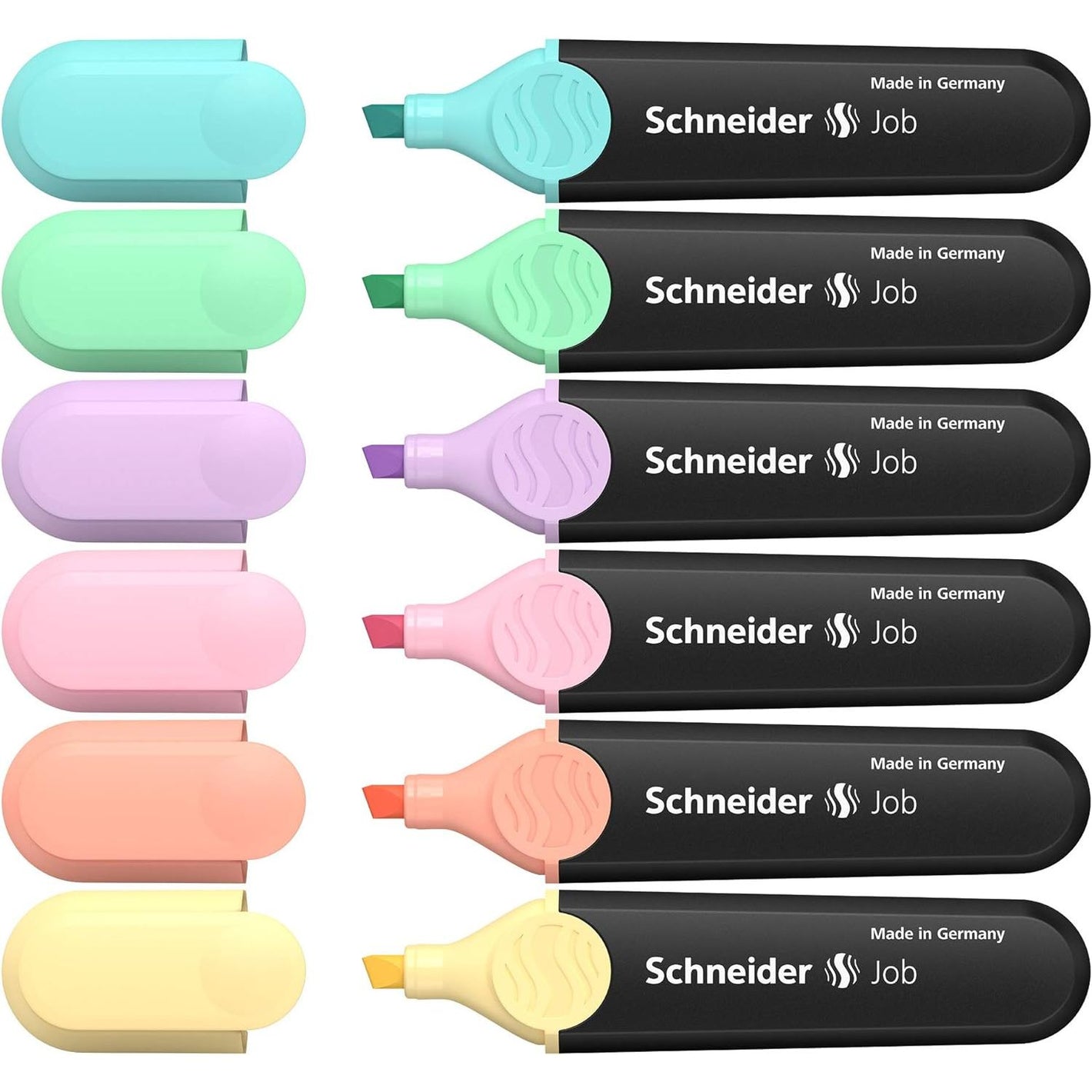 Schneider Job Highlighter Pastel, Chisel Tip, 1 + 5 mm, Black Barrel, Assorted Ink Colors, Pack of 6 Highlighters: Turquoise, Mint, Vanilla, Peach, Lavender, Light Pink (115097)