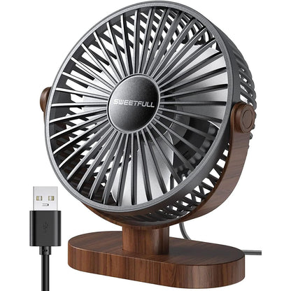 SWEETFULL Small USB Desk Fan 6.5 Inch, 3 Speeds Portable Personal Desktop Table Fan, Dual 360° Adjustment Mini Fan, Quiet Operation, for Home Office Car Outdoor Travel (White wood grain)