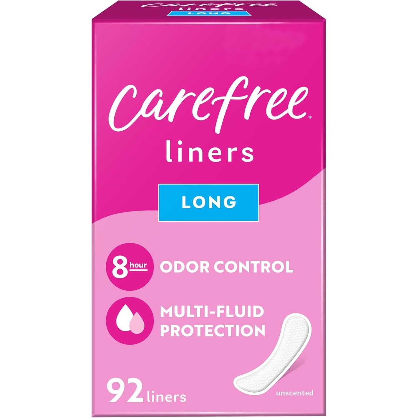 Carefree Panty Liners for Women, Long, Unwrapped, Unscented, 92ct | Pantiliners, Carefree Liners, Daily Liners for Women, Light Periods and Leaks, 8-Hour Odor Control | 92ct (Packaging May Vary)