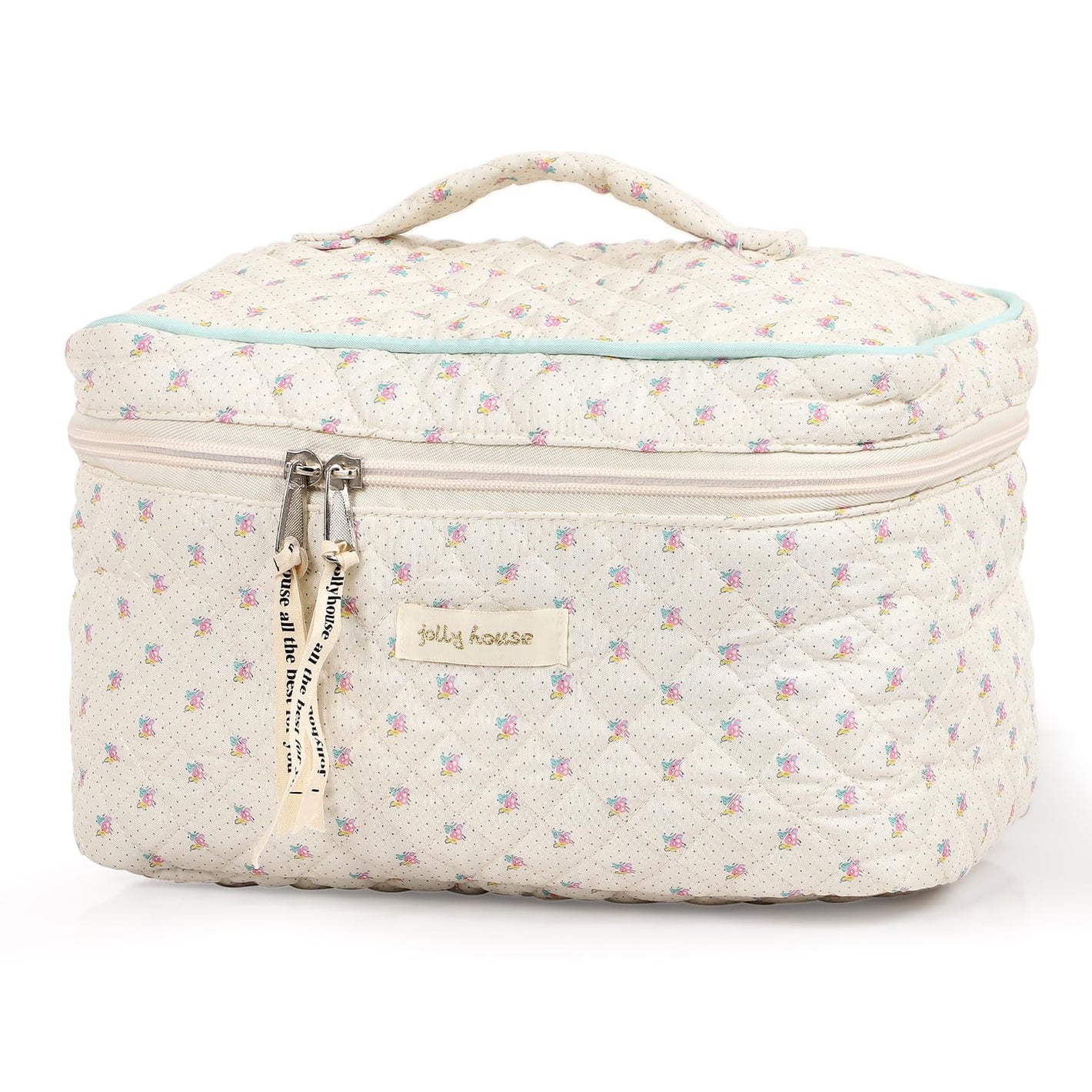 Sightor Cotton Makeup Bag, Quilted Cosmetic Bag with Handle Large Capacity Travel Toiletry Bag for Women Cute Aesthetic Floral Makeup Bag (Beige)