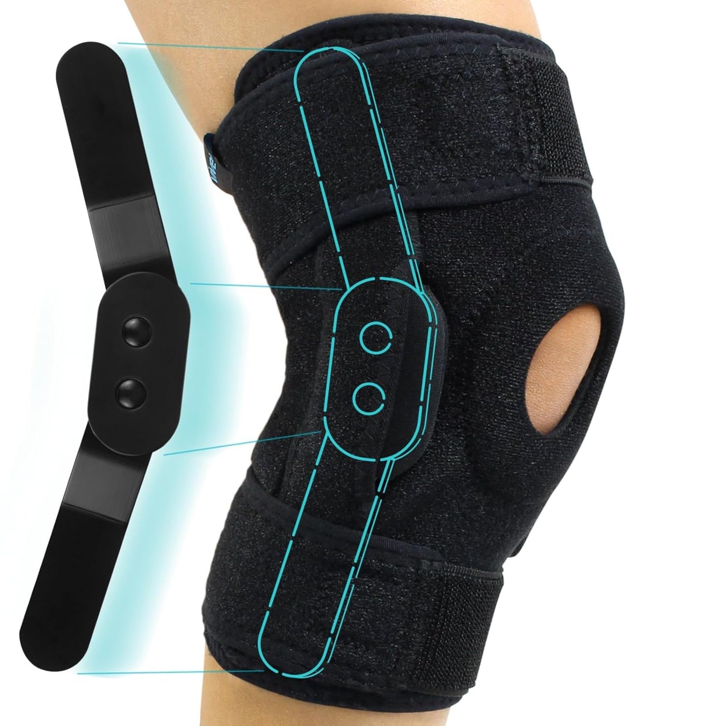 Vive Hinged Knee Brace - Relieves ACL, MCL, Meniscus Tear - Lightweight, Comfortable, Breathable Open Patella Wrap with Side Stabilizers - for Women & Men - Adjustable Strap for Tendonitis