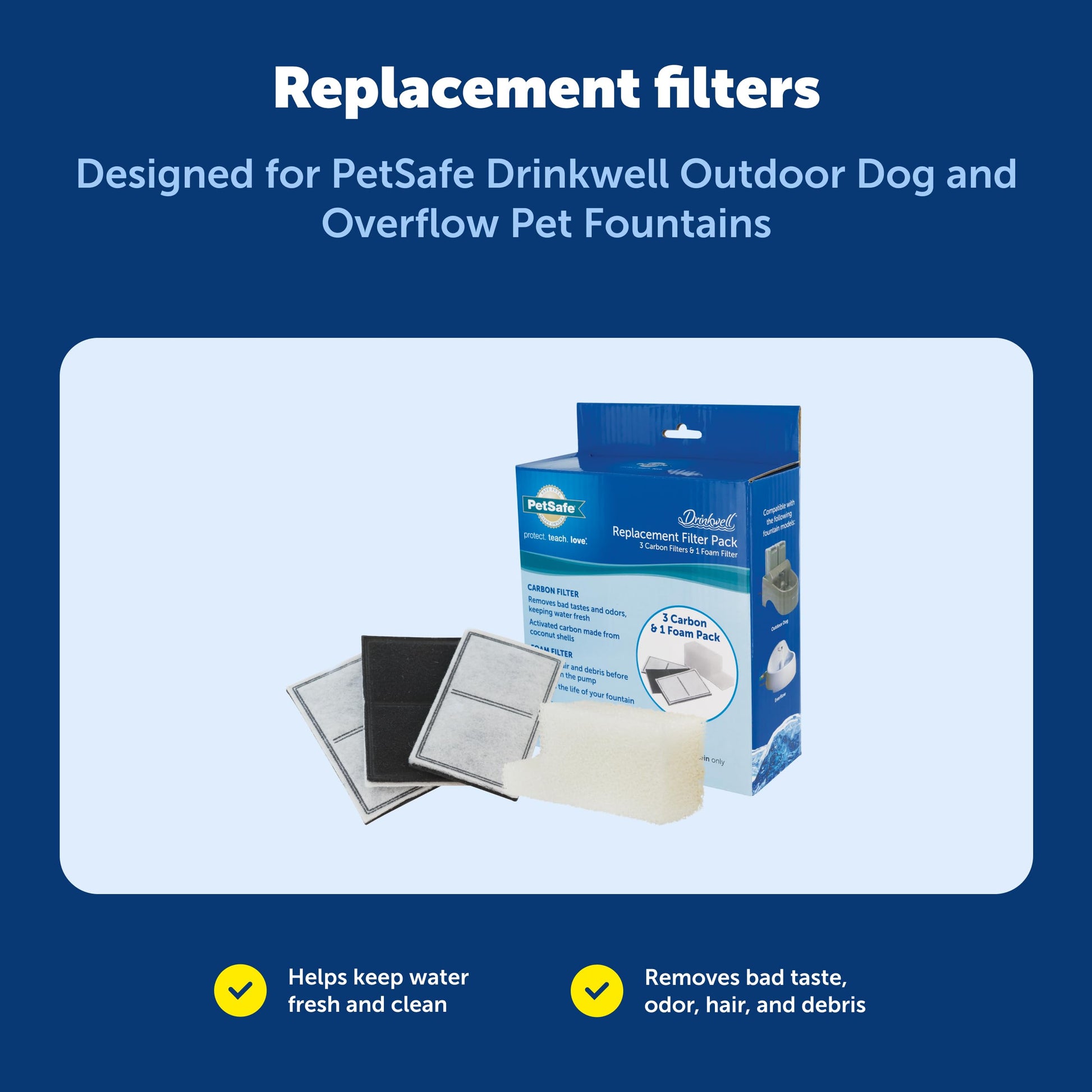 Buy now PetSafe Drinkwell Replacement Filter Pack for Outdoor Dog Water Fountain, 3 Carbon Filters & 1 Foam Filter at indiglob india