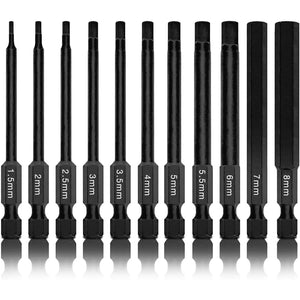 NEIKO 01148A Hex Allen Power Bit Set, 11-Piece Metric Sizes 1.5mm to 8mm | Magnetic Head Bits 3 Quick Release Shanks Premium S2 Steel Compatible with Drills and Impact Drivers
