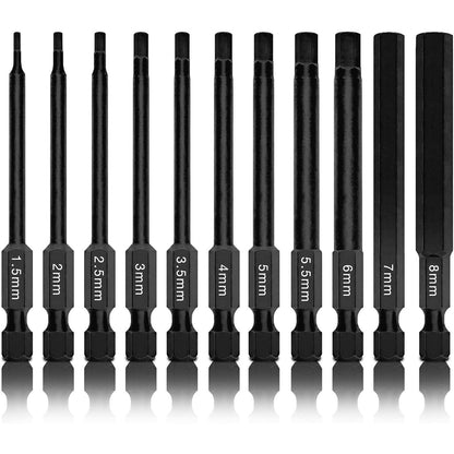 NEIKO 01148A Hex Allen Power Bit Set, 11-Piece Metric Sizes 1.5mm to 8mm | Magnetic Head Bits 3 Quick Release Shanks Premium S2 Steel Compatible with Drills and Impact Drivers