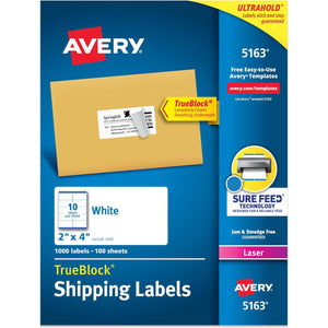 Avery Printable Shipping Labels with Sure Feed, 2" x 4" Customizable Stickers, White, 1,000 Blank Mailing Labels, Great for Mailing, Shipping, and More (5163)