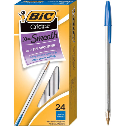 BIC Cristal Xtra Smooth Blue Ballpoint Pens, Medium Point (1.0mm), 24-Count Pack, Extra Smooth and Reliable Ballpoint Pens