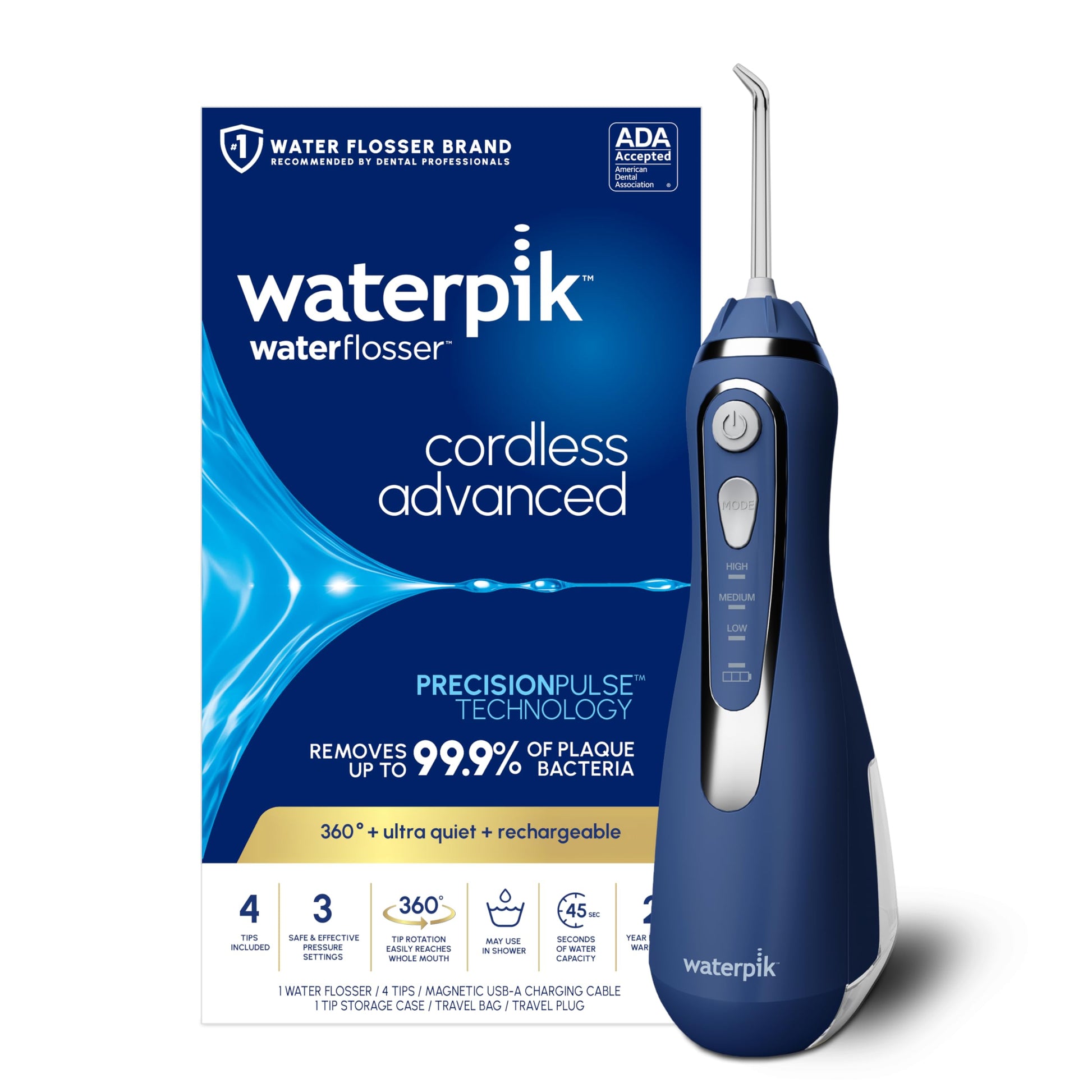 Buy now Waterpik Cordless Advanced 2.0 Water Flosser For Teeth, Gums, Braces, Dental Care With Travel Bag and 4 Tips, ADA Accepted, Rechargeable, Portable, and Waterproof, White WP-580, Packaging May Vary at indiglob india