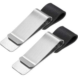 MECCANIXITY 50mm Stainless Steel Clip with PU Leather Pen Loop Pencil Holder for Notebook Journal Diary, Silver Black Pack of 2