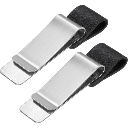 MECCANIXITY 50mm Stainless Steel Clip with PU Leather Pen Loop Pencil Holder for Notebook Journal Diary, Silver Black Pack of 2
