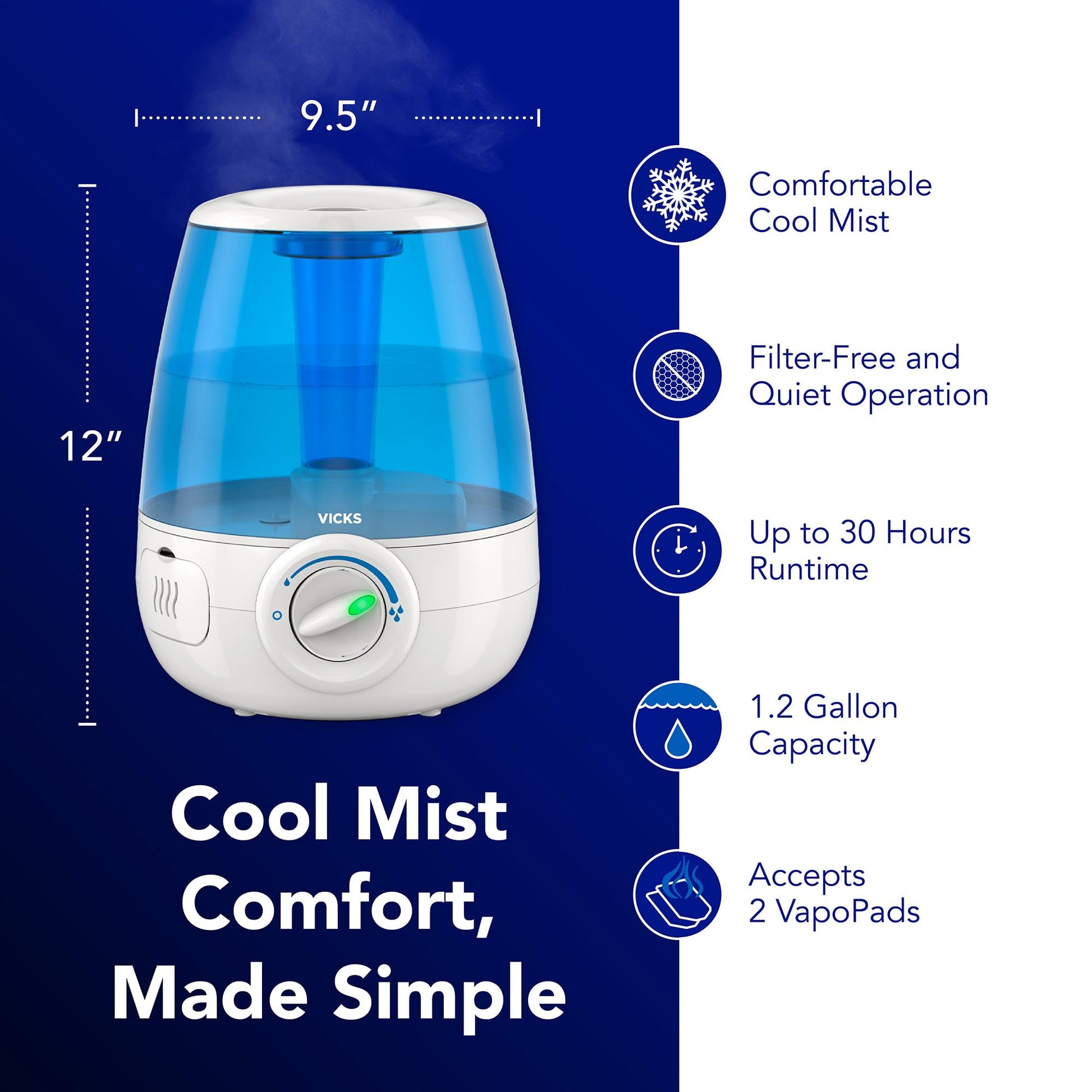 Buy now Vicks Filter-Free Ultrasonic Humidifier, Recommended by Pediatricians*, 1.2 Gal Ultrasonic Cool Mist Humidifiers for Bedrooms & Kids Rooms, Works with Vicks VapoPads at indiglob india
