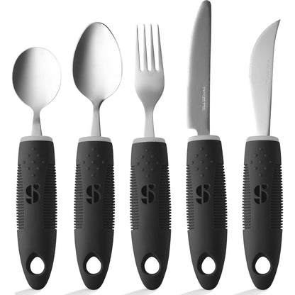Special Supplies Adaptive Utensils (5-Piece Kitchen Set) Wide, Non-Weighted, Non-Slip Handles for Hand Tremors, Arthritis, Parkinson’s or Elderly Use (Black)