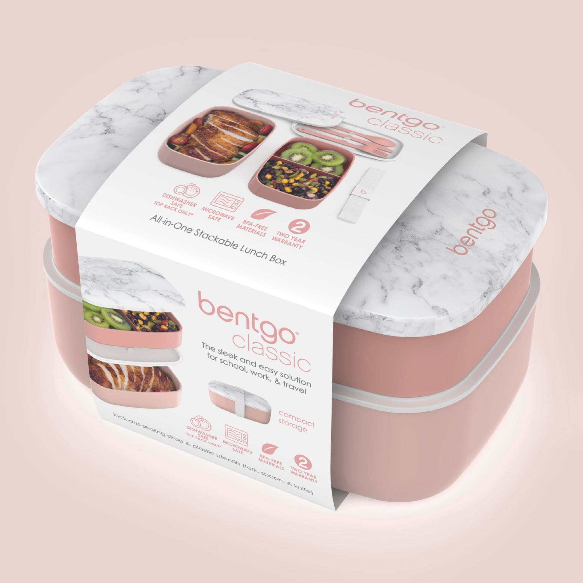 Buy now Bentgo Classic - Adult Bento Box, Stackable 3-Compartment Lunch Box with Removable Utensil Set and Sealing Strap, BPA-Free, Food Container Ideal for Meal Prep, Work, and On the Go (Blush Marble) at indiglob india