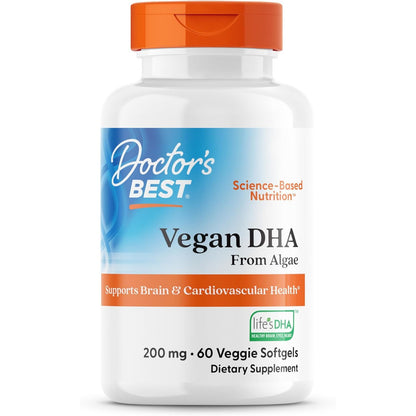 Doctors Best Vegan DHA from Algae, Supports Brain & Cardiovascular Health, Non-GMO, Gluten Free, Soy Free, Vegan 60 Veggie Softgels