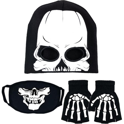 Skeleton Face Mask Knit Beanie with Eye Holes Halloween Skull Dress Up Headdress Cap Winter Warm Hat
