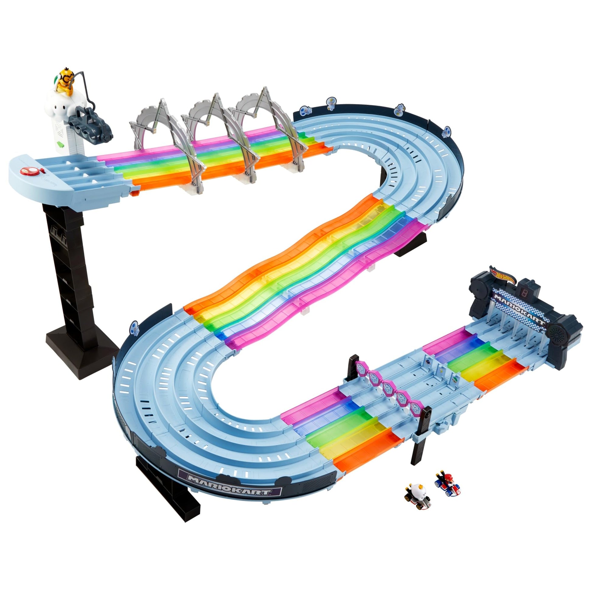 Buy now Hot Wheels Mario Kart Rainbow Road Raceway 8-Foot Track Set with Lights & Sounds & 2 1:64 Scale Vehicles, Race with 5-Track Colorful Course with 2 Configurations at indiglob india