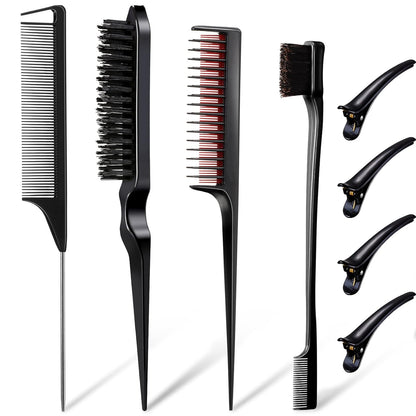 8 Pcs Styling Hair Comb Brush Set with Teasing Edge Brush Parting Rat Tail Comb Hairclip for Women Slicking Ponytail and Smoothing Hair(Pink)