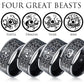 Men's Stainless Steel Chinese Ancient 4 Guardian Beasts Ring Dragon, White Tiger, Suzaku, Basalt Carved