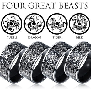 Men's Stainless Steel Chinese Ancient 4 Guardian Beasts Ring Dragon, White Tiger, Suzaku, Basalt Carved