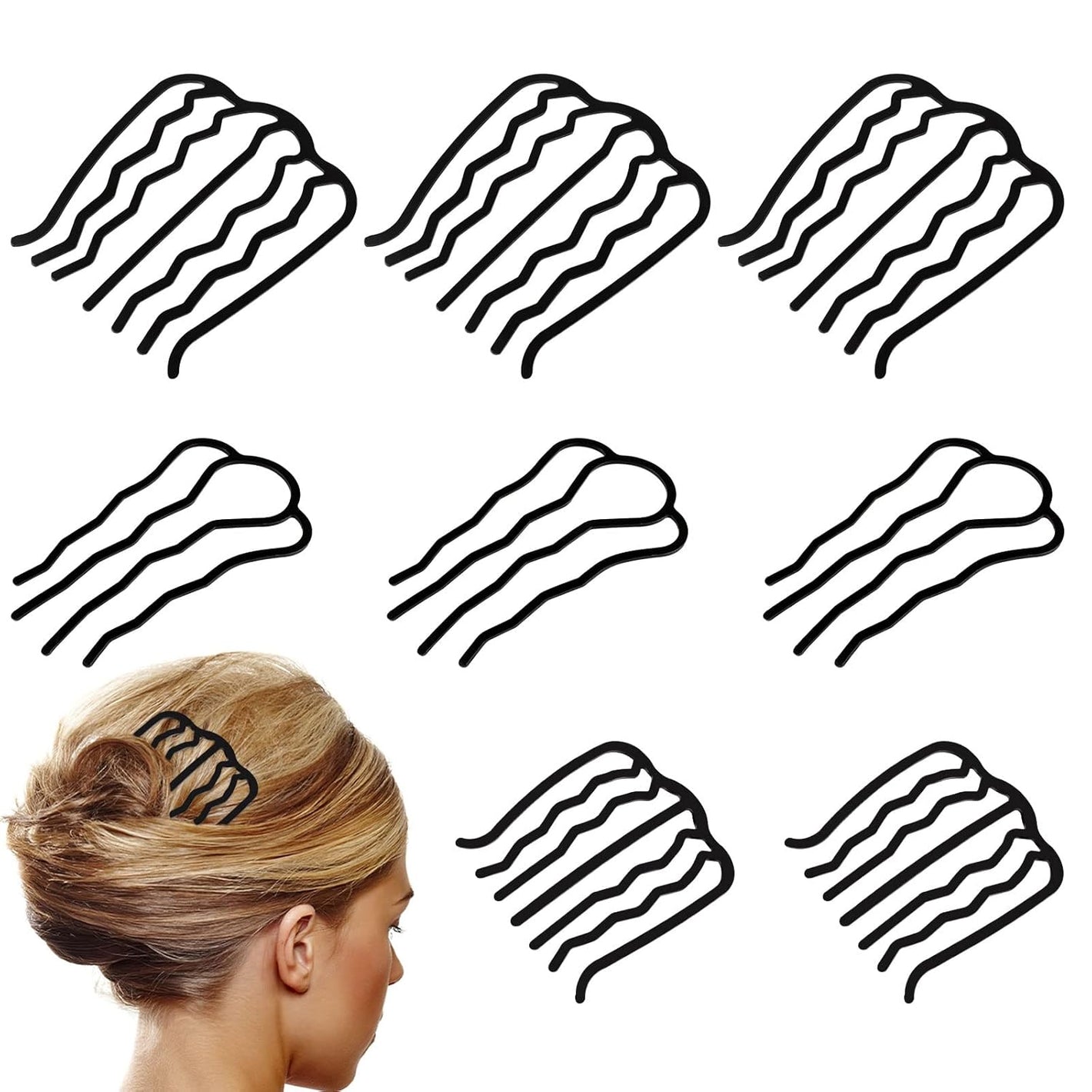 8 Piece U-Shape Hair Combs for Women's French Twist Updo and Bun Vintage Styling (Black)