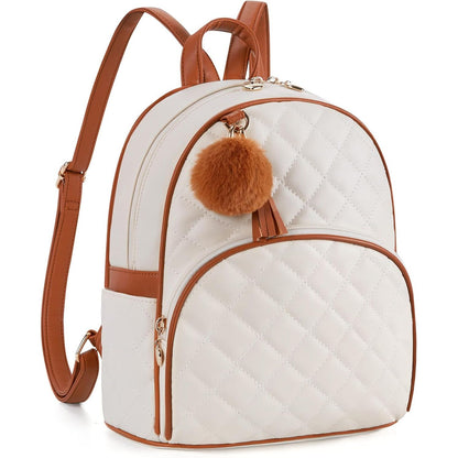 ECOSUSI Mini Backpack for Women Leather Small Backpack Purse for Ladies Cute Pom Bookbag Travel Shoulder Bag with Charm Tassel Beige
