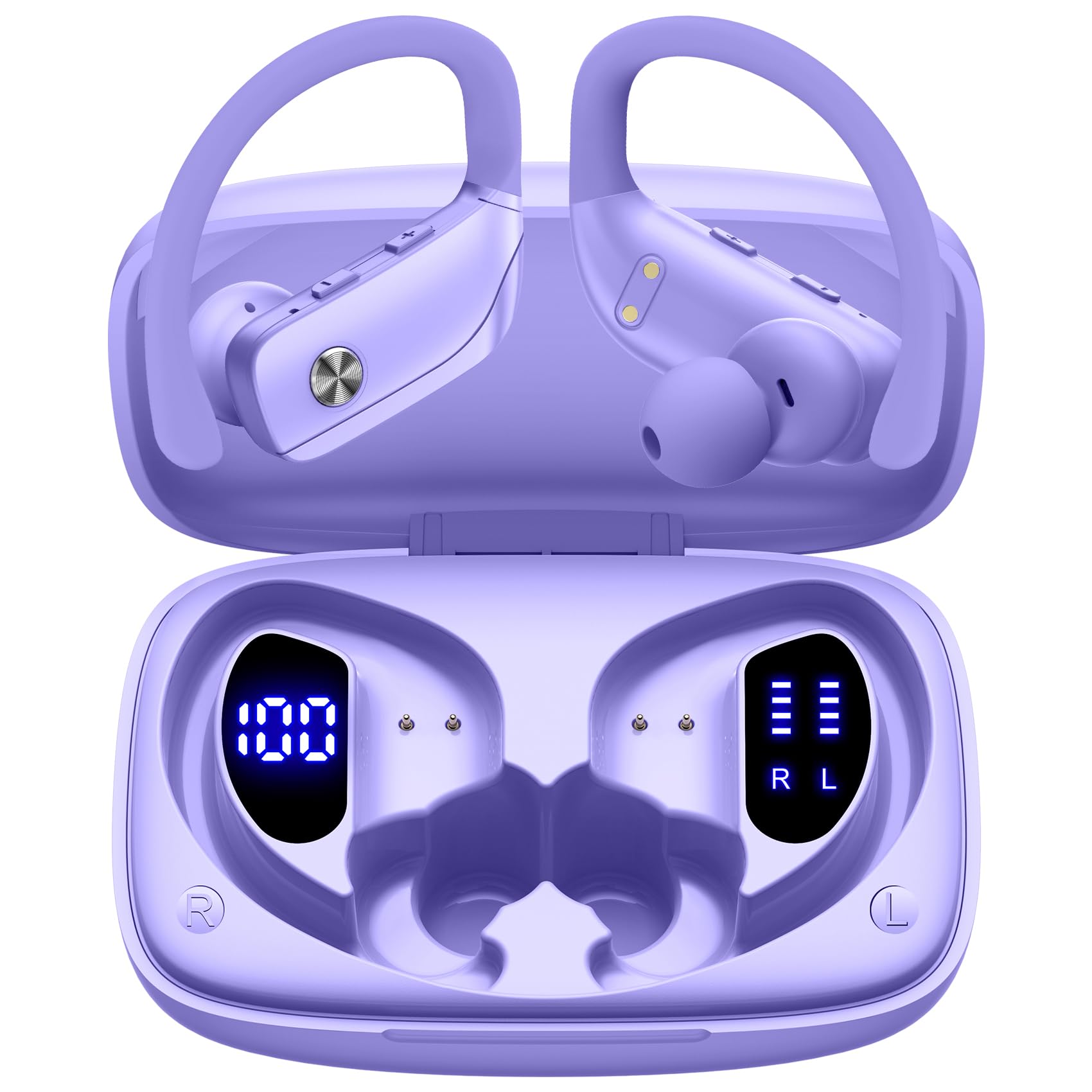 Buy now bmani Ear Buds Wireless Earbuds Bluetooth Headphones with 80H Playtime LED Display Case, Over-Ear Hook with Mic, Stereo Sound, Easy Button Controls, Sports Earphones for Running Workout Gym Black Standard Purple at indiglob india
