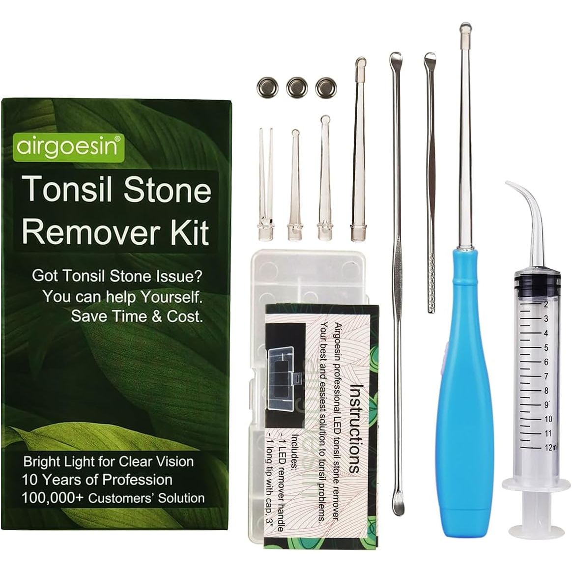 Airgoesin™ Upgraded Tonsil Stone Remover Tool, Blue, 5 Tips, Tonsillolith Pick Case + 1 Irrigator Fresh Breath Oral Rinse