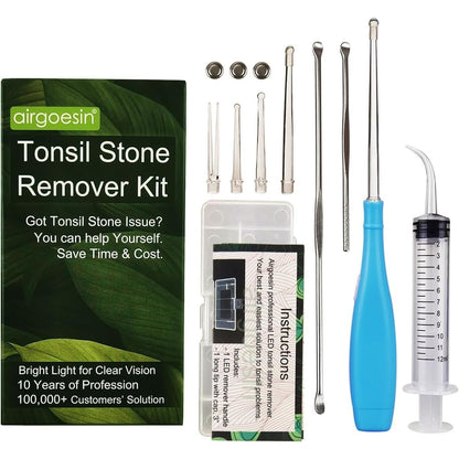 Airgoesin™ Upgraded Tonsil Stone Remover Tool, Blue, 5 Tips, Tonsillolith Pick Case + 1 Irrigator Fresh Breath Oral Rinse