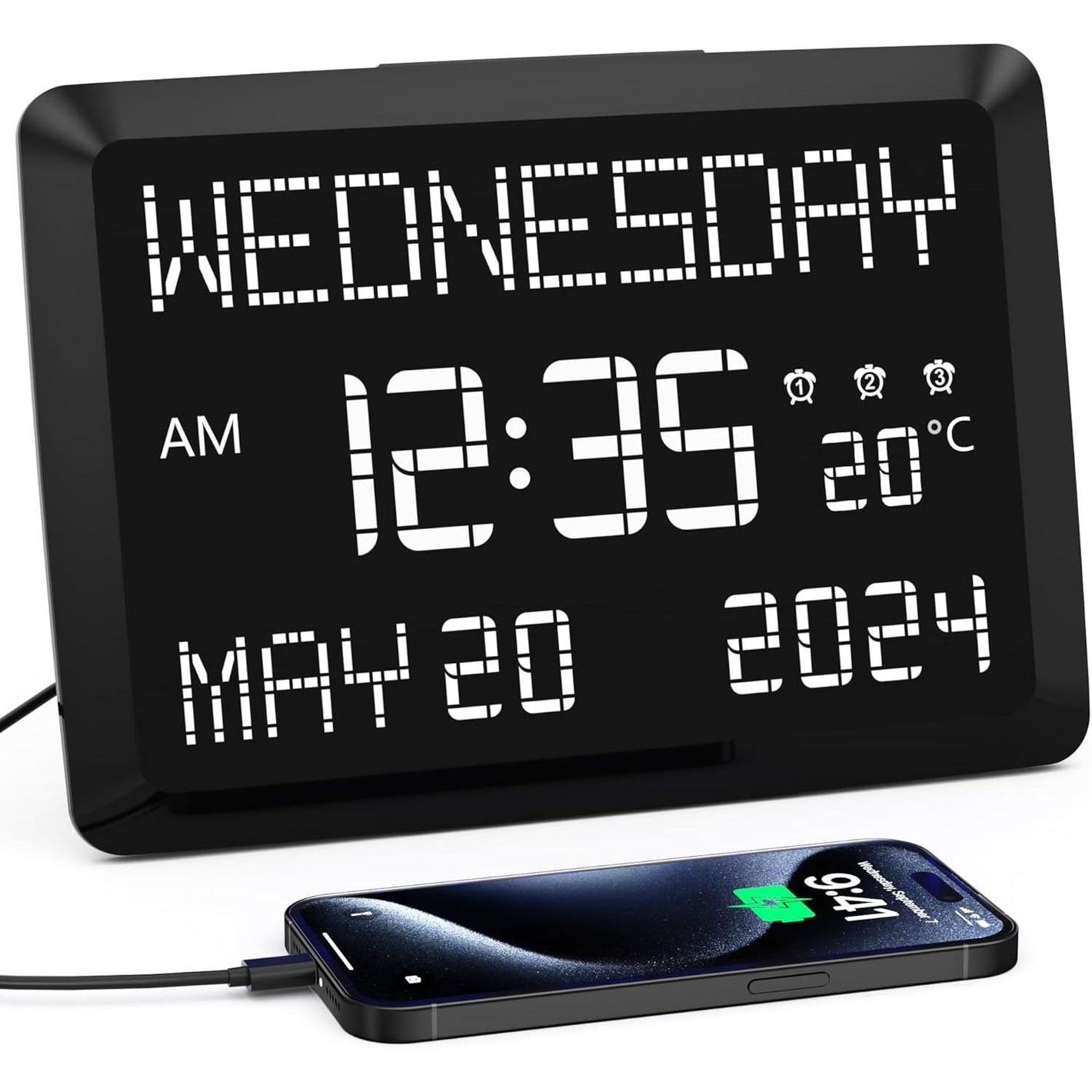 11.5” Digital Wall Clock with Date,Time,Week,Indoor Temperature,3 Alarms,5 Dimmer,2 USB Chargers,Battery Backup,Snooze,12/24H for Elderly,Parents,Impaired Vision,Dementia,Memory Loss,Office,Bedroom