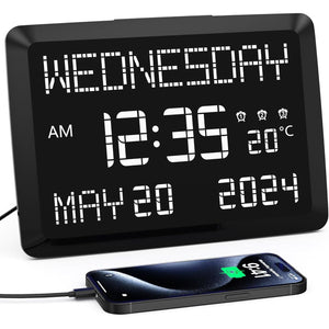 11.5” Digital Wall Clock with Date,Time,Week,Indoor Temperature,3 Alarms,5 Dimmer,2 USB Chargers,Battery Backup,Snooze,12/24H for Elderly,Parents,Impaired Vision,Dementia,Memory Loss,Office,Bedroom