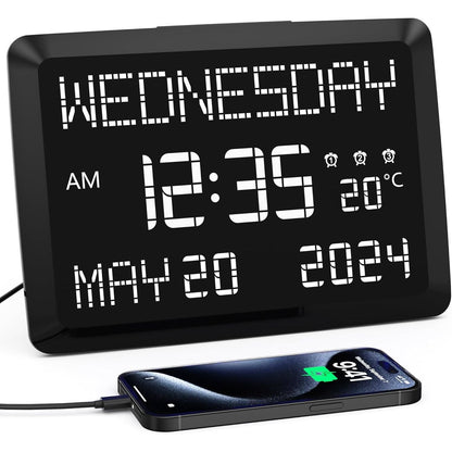 11.5” Digital Wall Clock with Date,Time,Week,Indoor Temperature,3 Alarms,5 Dimmer,2 USB Chargers,Battery Backup,Snooze,12/24H for Elderly,Parents,Impaired Vision,Dementia,Memory Loss,Office,Bedroom